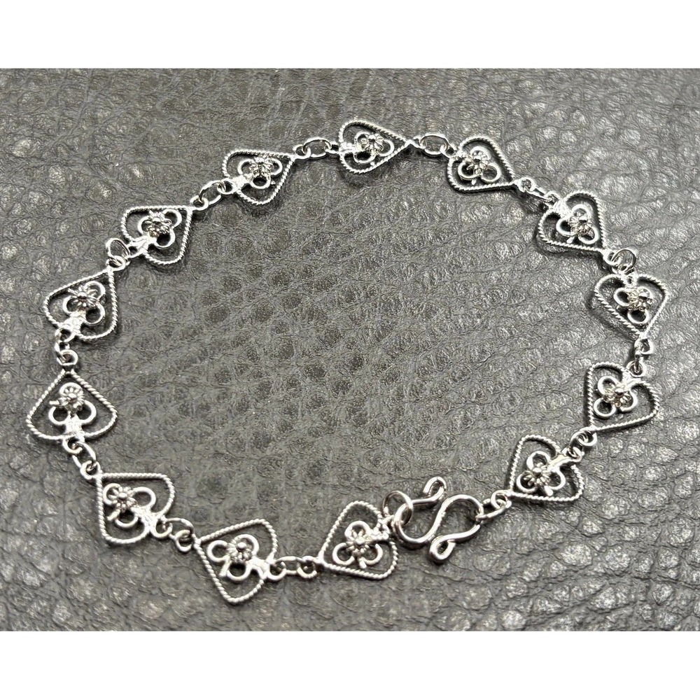 Vintage Rhodium Plated Sterling Silver Filigree Heart Link Bracelet S-Clasp